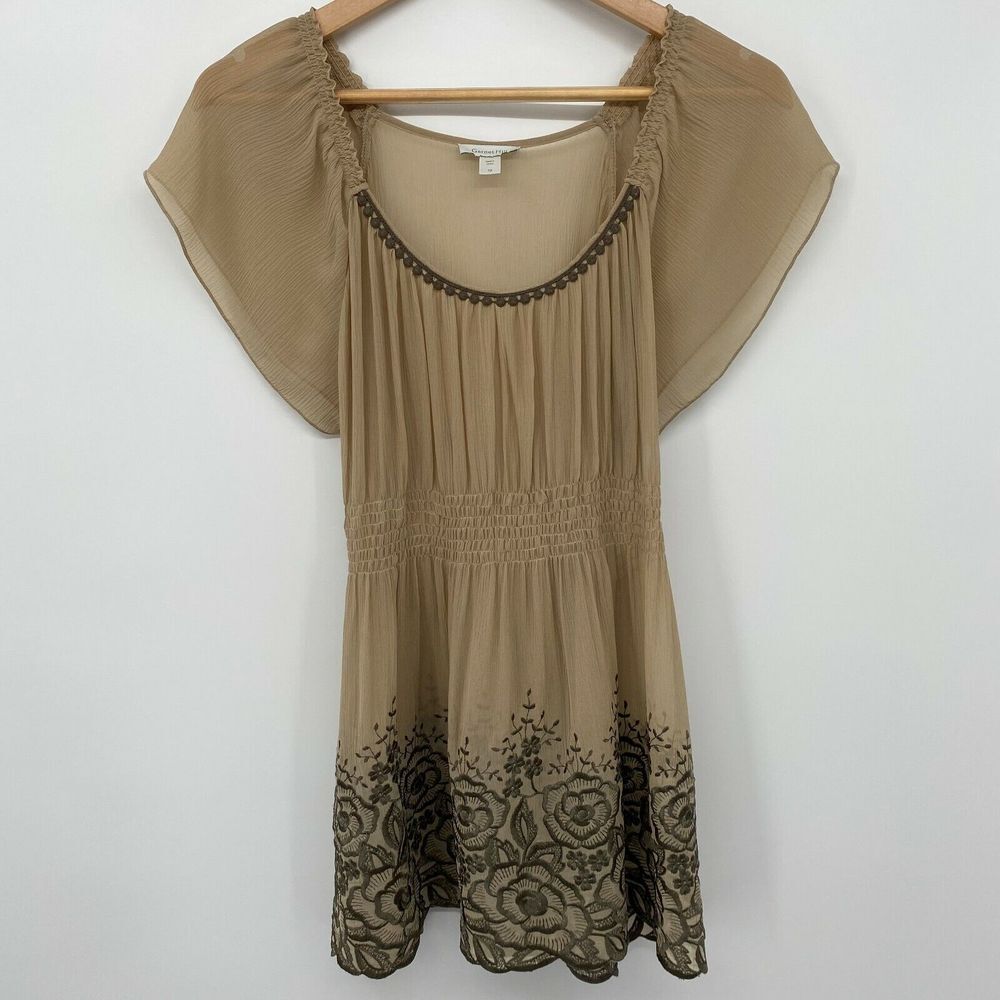 Garnet Hill Top Shirt Blouse 100% Silk Size‎ 12 Womens M L Sheer Embroidered